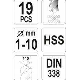 YATO ZESTAW WIERTEŁ DO METALU HSS, 1-10MM, 19 CZ