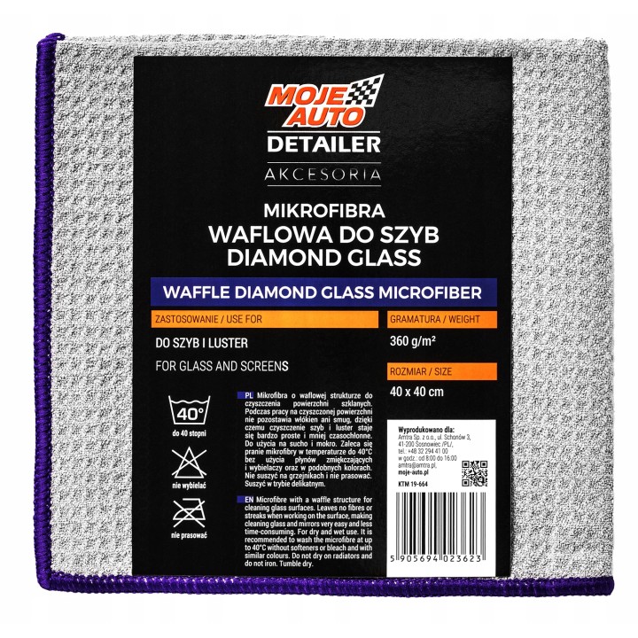 MOJE AUTO MIKROFIBRA WAFLOWA DO SZYB DIAMOND GLASS 370G/M² 40X40CM / SZARA