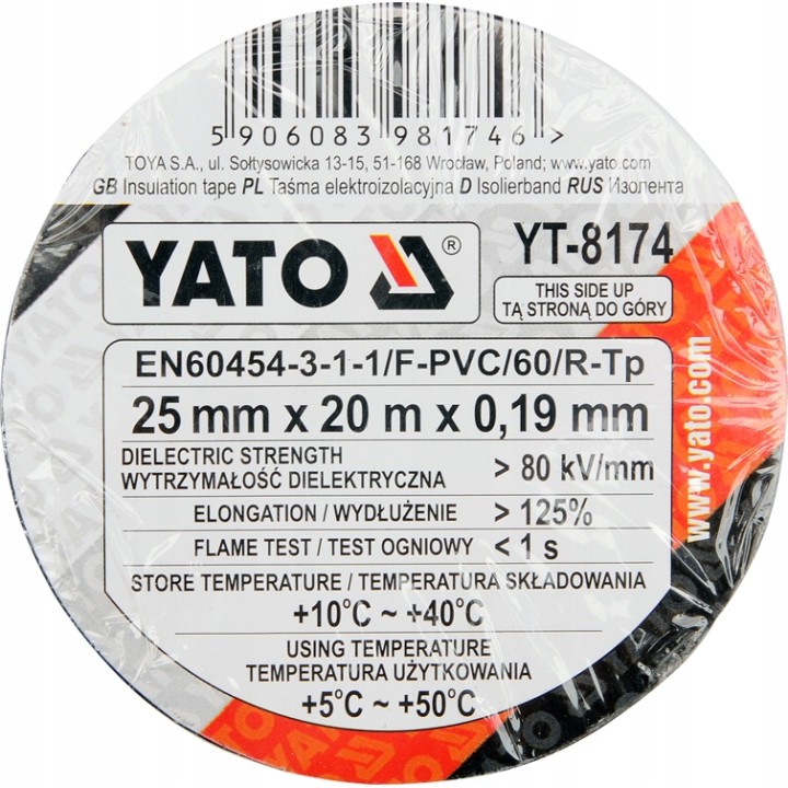 YATO TAŚMA ELEKTROIZOLACYJNA 25MMX20M CZARNA