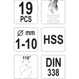 YATO ZESTAW WIERTEŁ DO METALU HSS, 1-10MM, 19 CZ