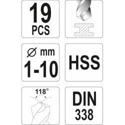 YATO ZESTAW WIERTEŁ DO METALU HSS, 1-10MM, 19 CZ