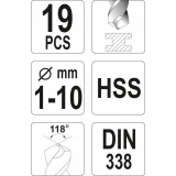 YATO ZESTAW WIERTEŁ DO METALU HSS, 1-10MM, 19 CZ