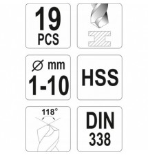 YATO ZESTAW WIERTEŁ DO METALU HSS, 1-10MM, 19 CZ