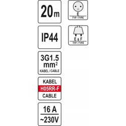 YATO PRZEDŁUŻACZ BĘBNOWY 3X1,5 MM, 20 M