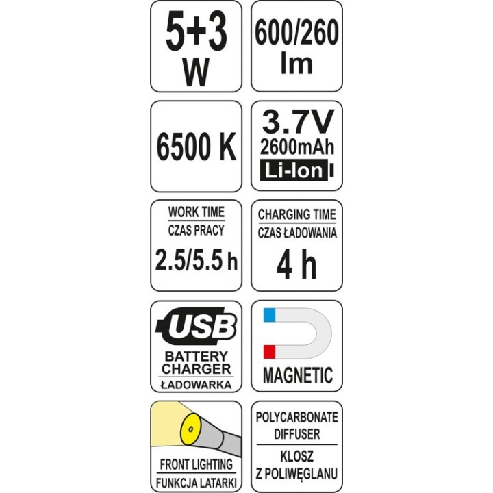 YATO LAMPA WARSZTATOWA COB LED 5W + 3W